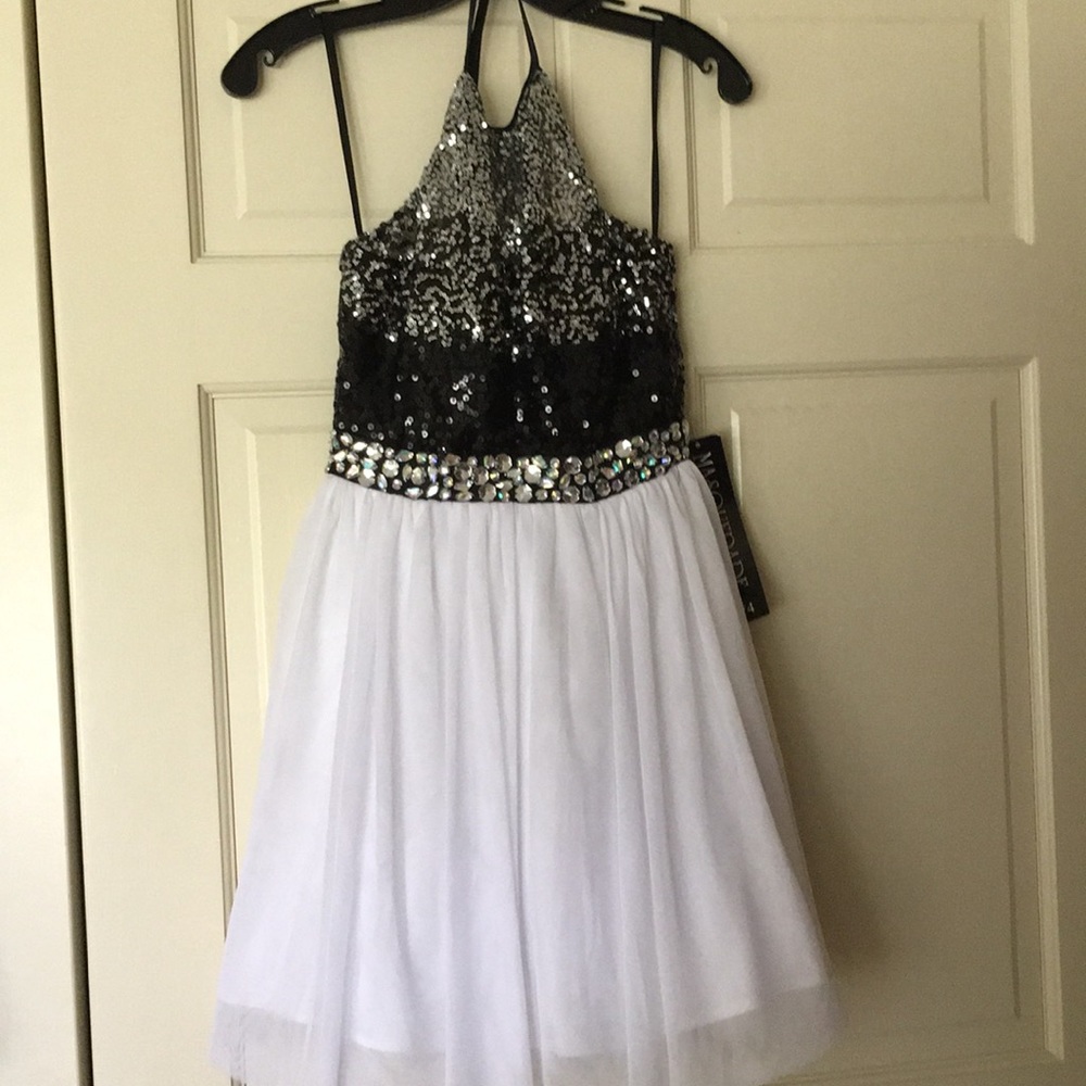 Black/White Homecoming Dress with sequins and gems